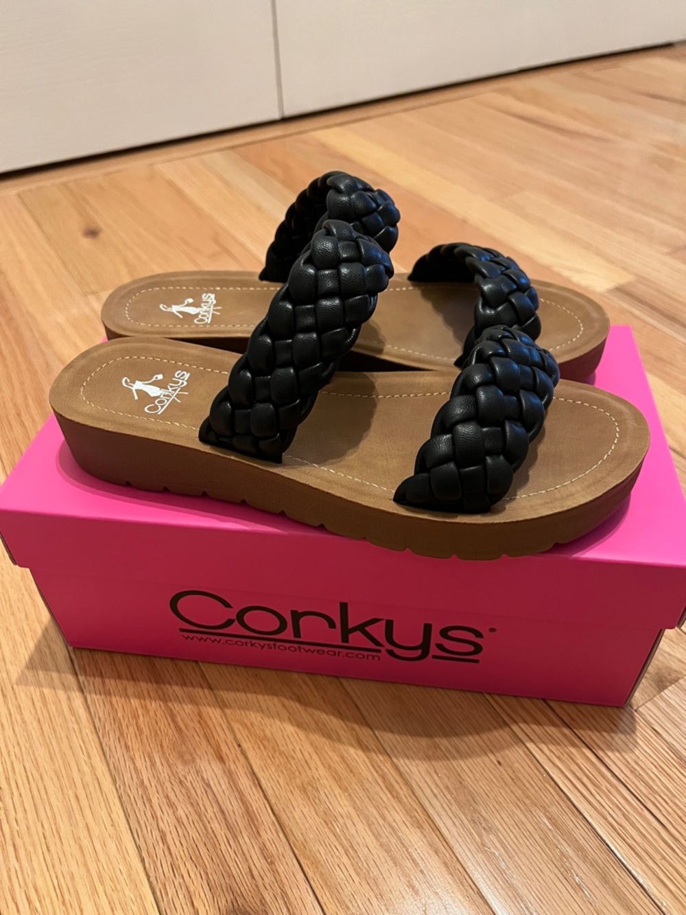 Corkys Black Braided Double Strap Platform Slides- BRAND NEW!